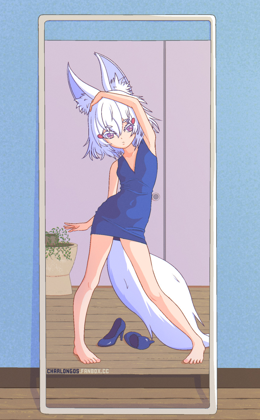 animal_ear_fluff, animal_ears, barefoot, charlongos, commentary, dress, english_commentary, fox_ears, fox_girl, fox_tail, highres, mirror, phase_connect, phase_origins, tail, tenma_maemi, thick_eyelashes, violet_eyes, virtual_youtuber, white_hair