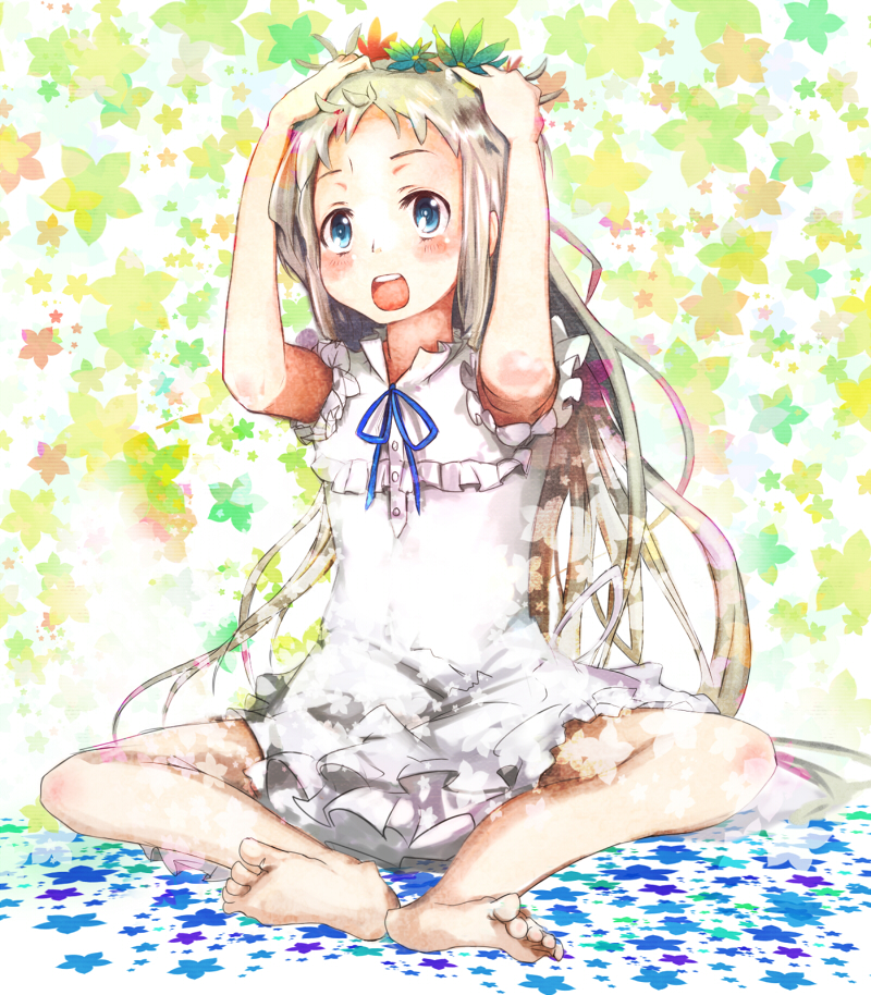 ano_hi_mita_hana_no_namae_wo_bokutachi_wa_mada_shiranai, bad_feet, barefoot, blue_eyes, dress, flower, hair_flower, hair_ornament