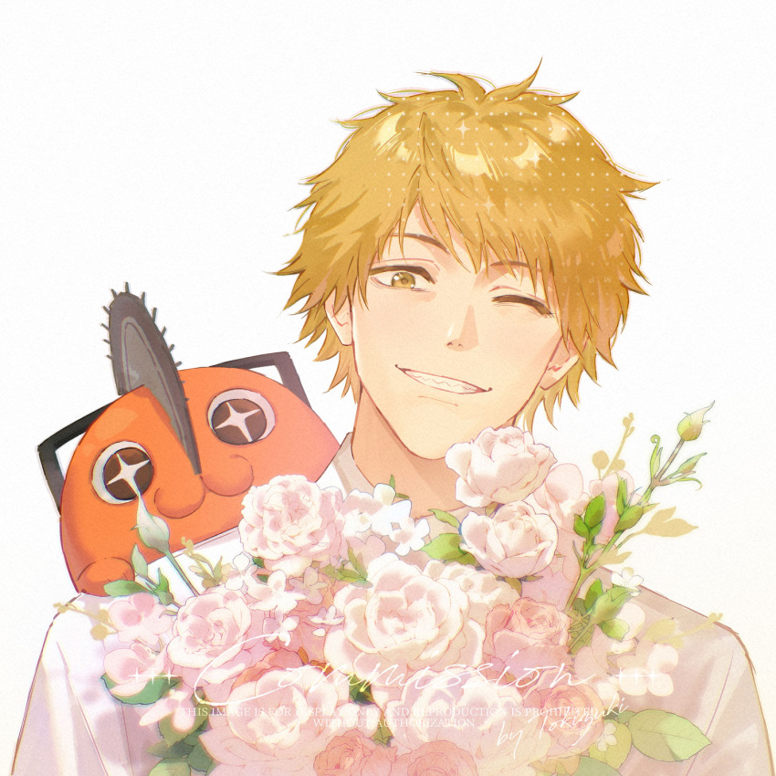1boy, blonde_hair, bouquet, brown_eyes, chainsaw_man, commentary_request, denji_(chainsaw_man), flower