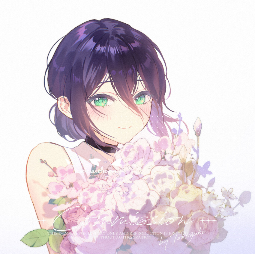 1girl, black_choker, bouquet, chainsaw_man, choker, closed_mouth, commentary_request, flower
