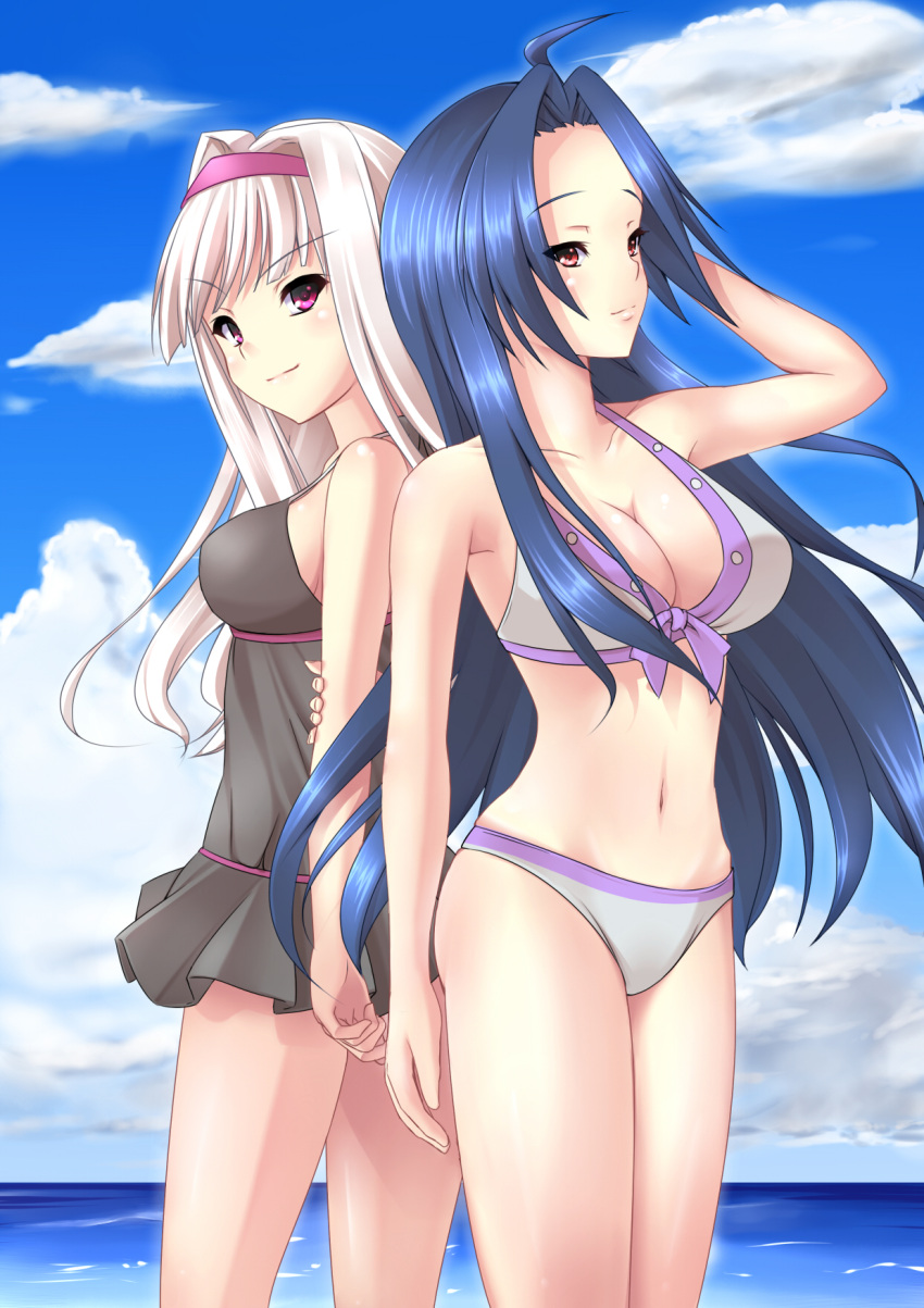 bikini, blue_hair, breasts, casual_one-piece_swimsuit, cleavage, front-tie_top, hairband, highres