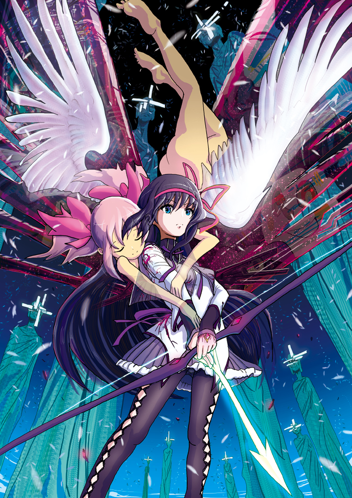 akemi_homura, argyle, argyle_legwear, arrow, ass, barefoot, black_hair, black_legwear, bow, bow_(weapon), charlotte_(madoka_magica), closed_eyes, demon_(madoka_magica), eyes_closed, feet, goddess_madoka, hair_bow, hair_ribbon, hug, izabel_(madoka_magica), kaname_madoka, kit90125, long_hair, magical_girl, mahou_shoujo_madoka_magica, multiple_girls, nude, oktavia_von_seckendorff, pantyhose, pink_hair, pleated_skirt, purple_eyes, ribbon, short_twintails, skirt, spoilers, transparent, twintails, ultimate_madoka, violet_eyes, weapon, wings