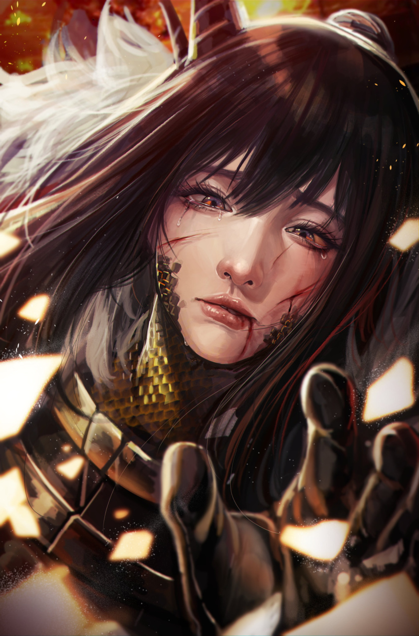 1girl, absurdres, aegyo_sal, armor, black_gloves, black_hair, bleeding, blood