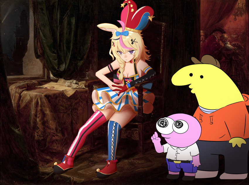 1girl, 2boys, :|, absurdres, ahoge, animal_ear_fluff, animal_ears, asymmetrical_legwear