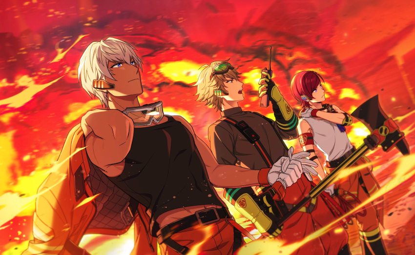 2boys, axe, belt, black_shirt, blue_eyes, closed_mouth, clothes_around_waist, dark-skinned_male, dark_skin, dutch_angle, fire, game_cg, gloves, goggles, goggles_around_neck, goggles_on_head, happy_elements, helios_rising_heroes, highres, holding, jacket, jacket_around_waist, marion_blythe, multiple_boys, non-web_source, official_art, oscar_bale, pants, red_pants, shirt, short_hair, sleeveless, sleeveless_shirt, suspenders, tank_top, unworn_jacket, white_gloves, white_hair, white_shirt, will_sprout