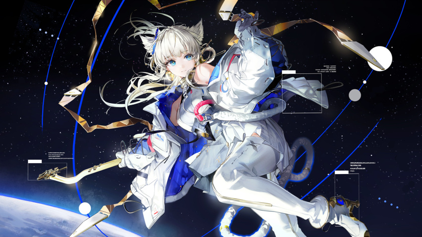 1girl, animal_ears, arknights, arknights:_endfield, bare_shoulders, bird_ears, bird_girl, blue_eyes, boots, breasts, damingshimingyan, dress, feet_out_of_frame, floating_hair, frilled_dress, frills, gloves, grey_hair, hair_rings, highres, jacket, long_hair, medium_breasts, off_shoulder, official_alternate_costume, official_alternate_hairstyle, official_art, perlica_(arknights), planet, short_dress, sleeveless, sleeveless_dress, smile, solo, space, spacesuit, thigh_boots, two-sided_fabric, two-sided_jacket, white_boots, white_dress, white_gloves, yellow_pupils, zero_gravity