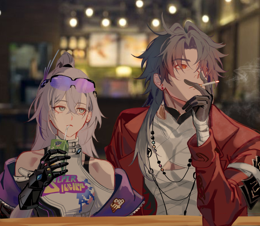 1boy, 1girl, bandages, beads, blade_(honkai:_star_rail), blue_hair, buckle, cigarette
