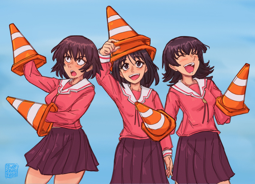 3girls, :d, ^_^, alt_text, arm_up, artist_name, azumanga_daioh, azumanga_daioh's_school_uniform