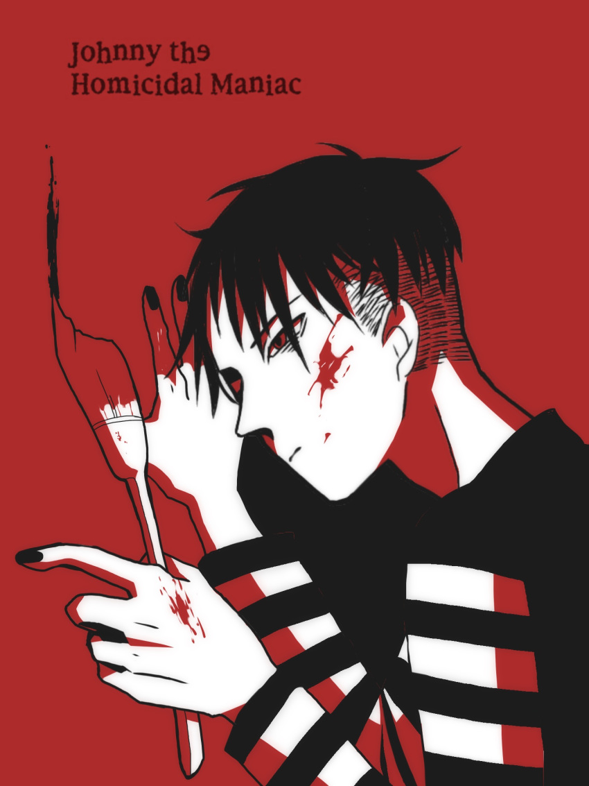 1boy, animification, black_hair, blood, blood_on_face, goth_fashion, highres, horiyan, johnny_c, johnny_the_homicidal_maniac, male_focus, monochrome, shirt, simple_background, solo, undercut