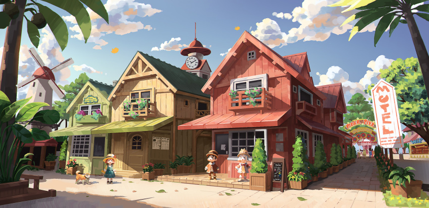 1boy, 2girls, animal, aqua_dress, arms_at_sides, black_hair, blue_sky, bowler_hat, building, chinese_commentary, clock, clock_tower, clouds, coat, commentary_request, day, dog, dress, english_text, hat, highres, ks-ller, long_sleeves, menu_board, multiple_girls, original, outdoors, palm_tree, pants, people, pinafore_dress, plant, porkpie_hat, potted_plant, red_coat, red_hair, red_pants, red_sleeves, scenery, shade, shiba_inu, shirt, shoes, short_hair, sign, sky, sleeveless, sleeveless_dress, standing, tower, tree, very_short_hair, white_coat, white_hair, windmill, yellow_shirt