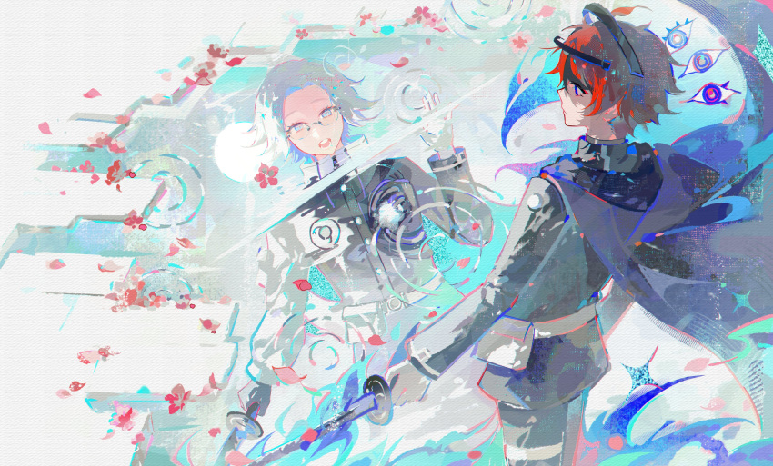 2boys, absurdres, ahoge, aotsuki_eito, belt, belt_pouch, black_cape, black_jacket