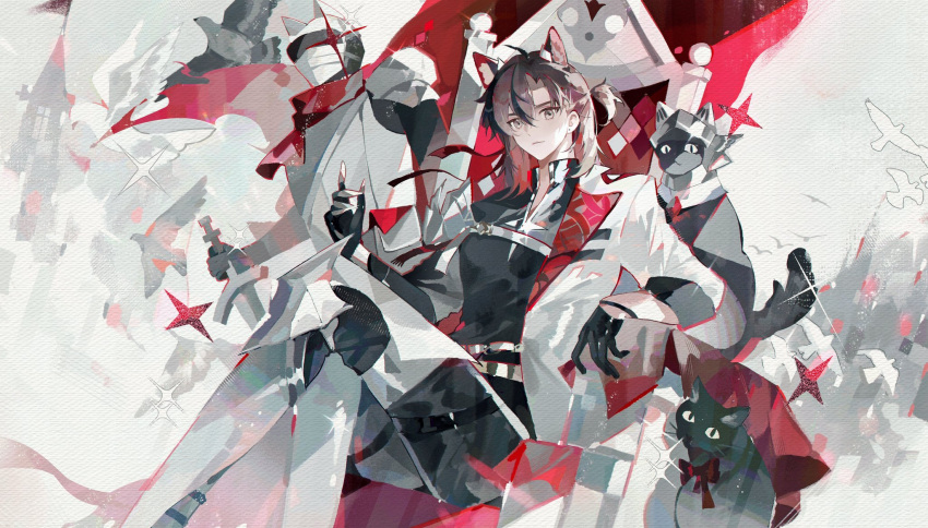 1boy, ambience_synesthesia, animal_ears, arknights, armor, bird, black_cat, black_gloves
