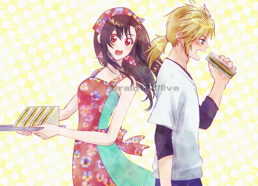 1boy, 1girl, aged_down, apron, aqua_dress, bandana, bare_arms, bare_shoulders