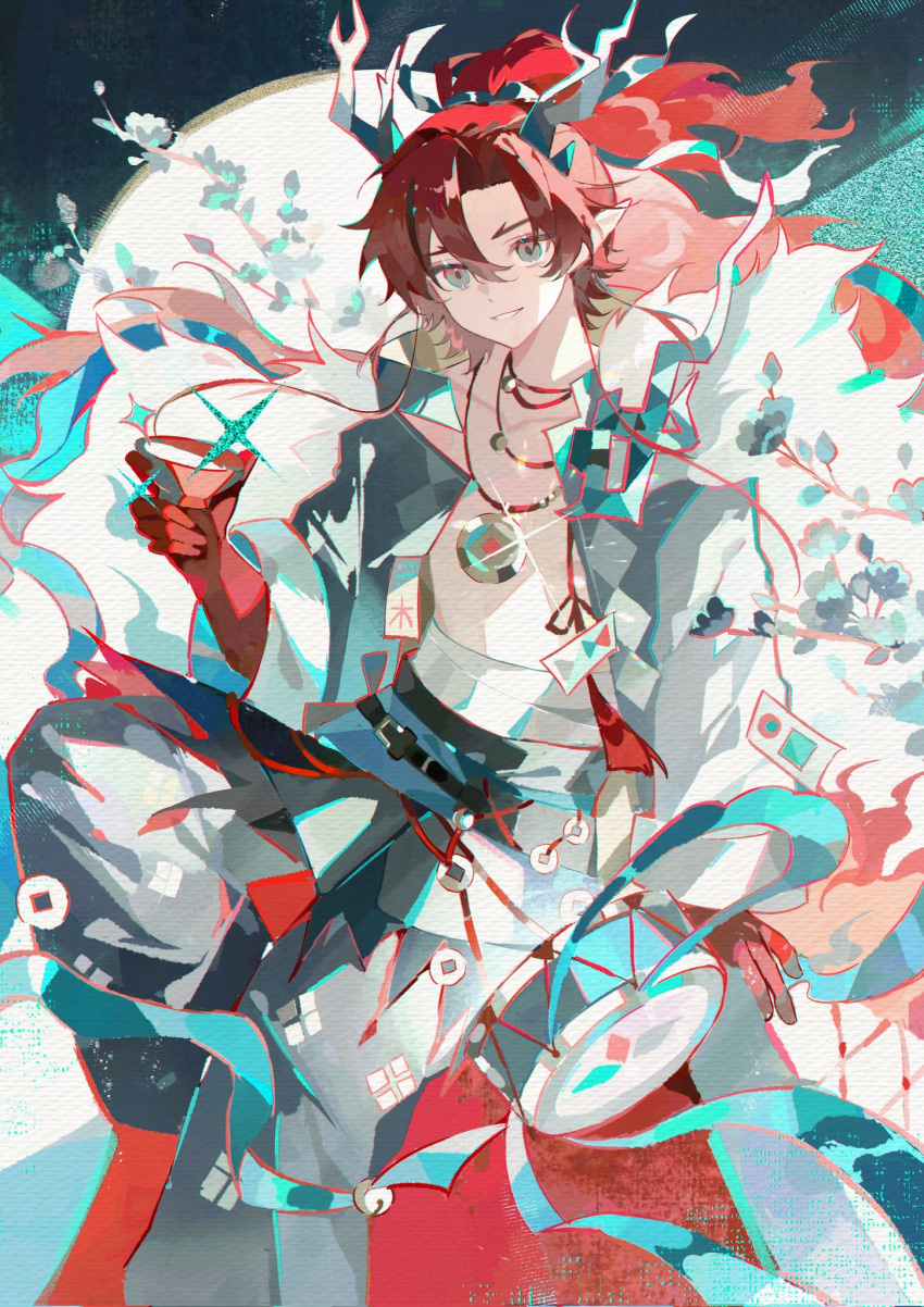 1boy, ambience_synesthesia, arknights, cup, dragon_boy, dragon_horns, grey_jacket, grey_pants