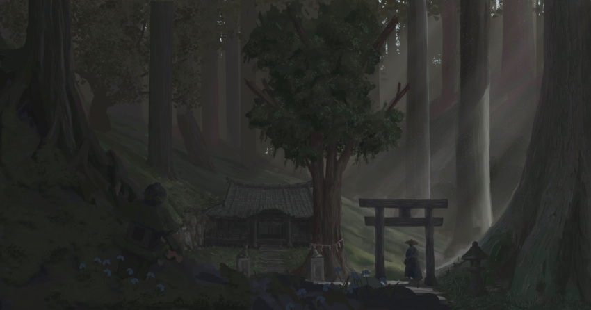 1other, ambiguous_gender, building, commentary_request, day, forest, from_behind, highres