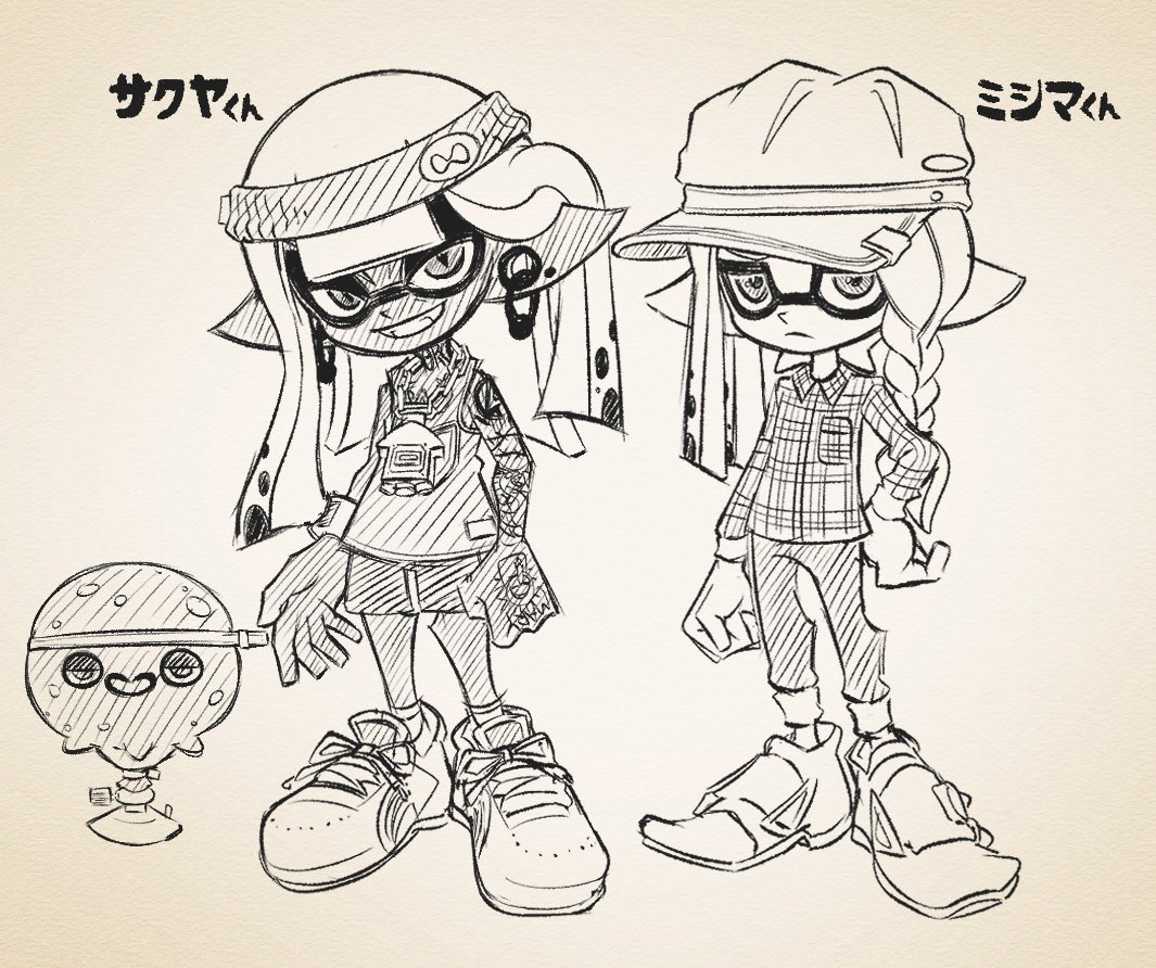 2boys, arm_tattoo, braid, chain, chain_around_neck, commentary_request, dark_skin, earrings, headband, inkling_boy, inkling_player_character, jewelry, long_hair, long_pointy_ears, long_sleeves, mishima_(nanimaroom), multiple_boys, nanimaroom, pants, piercing, plug_(piercing), pointy_ears, sakuya_(nanimaroom), shoes, shorts, simple_background, sketch, slit_pupils, smile, sneakers, splatoon_(series), super_chump_(splatoon), tank_top, tattoo, tentacle_hair