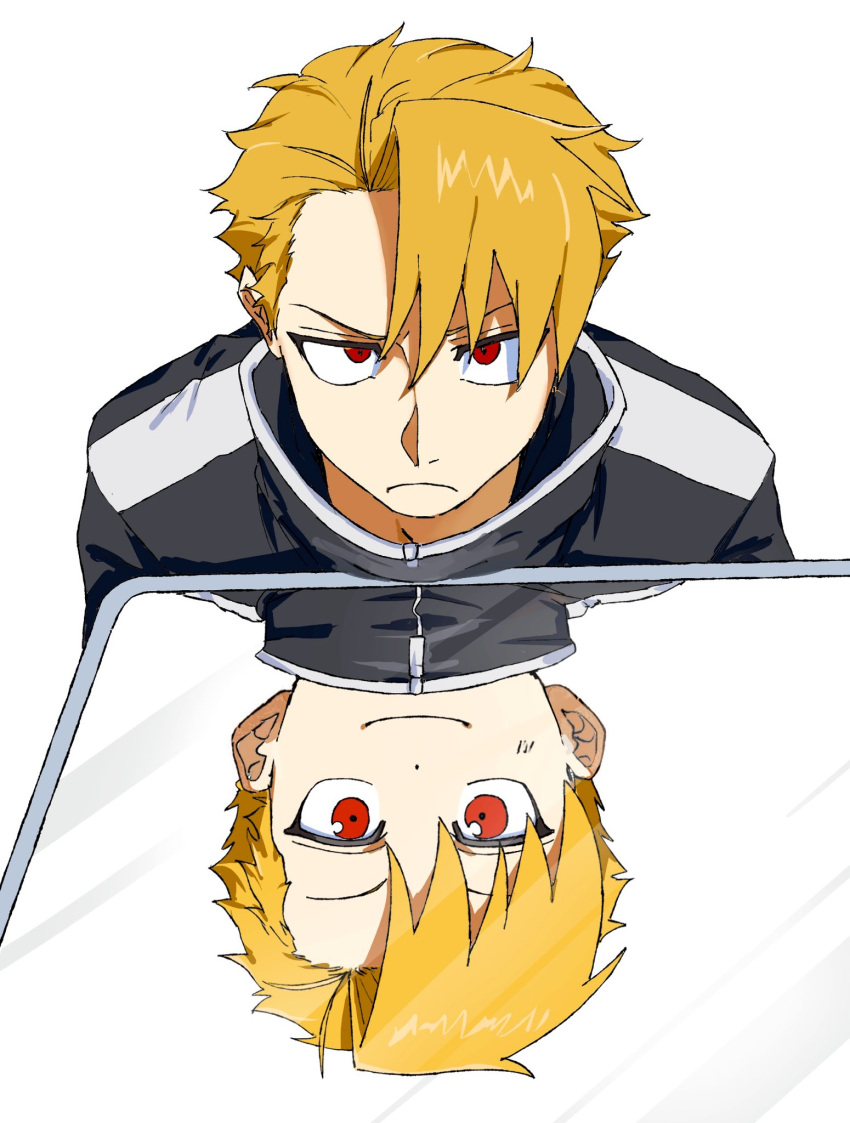 1boy, annoyed, black_jacket, blonde_hair, grey_trim, happy, highres, jacket