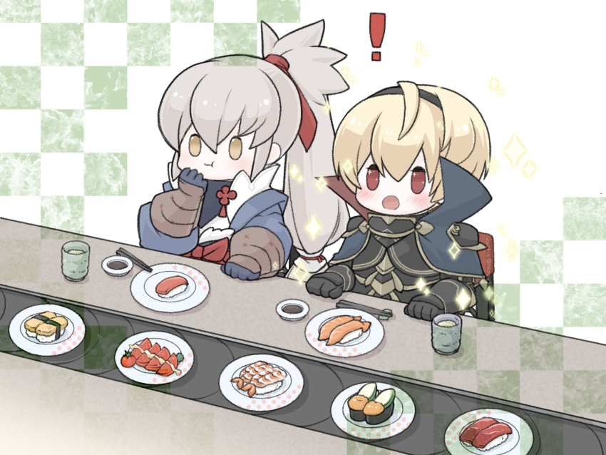 2boys, armor, black_armor, blonde_hair, chopsticks, colored_eyelashes, commentary_request, fire_emblem