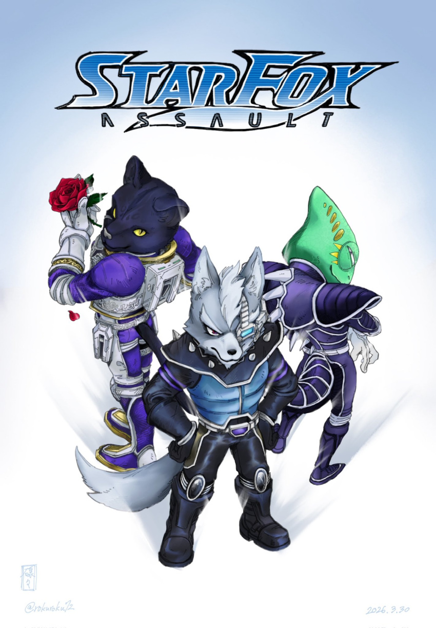 3boys, animal_ears, black_fur, chameleon_boy, chameleon_tail, closed_mouth, commentary_request, dated, flower, furry, furry_male, green_scales, grey_fur, highres, holding, holding_flower, leon_powalski, looking_at_viewer, looking_to_the_side, looking_up, male_focus, multiple_boys, panther_boy, panther_caroso, panther_ears, panther_tail, rokuroku72, rose, shoulder_spikes, signature, smile, spikes, star_fox, star_fox_assault, tail, white_background, wolf_boy, wolf_ears, wolf_o'donnell, wolf_tail