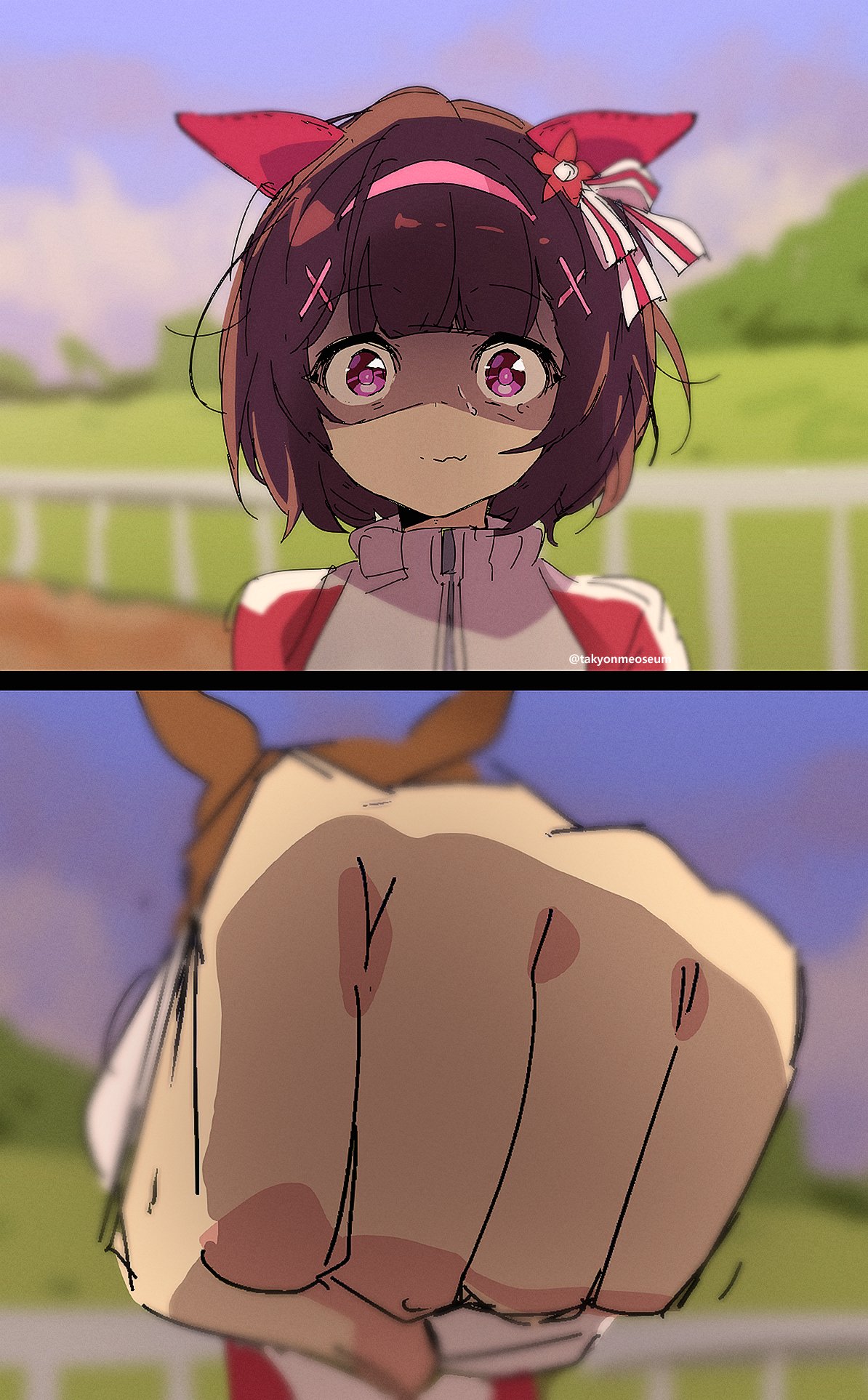 2girls, animal_ears, breadrye, clenched_hand, hair_ornament, highres, horse_ears, jungle_pocket_(umamusume)