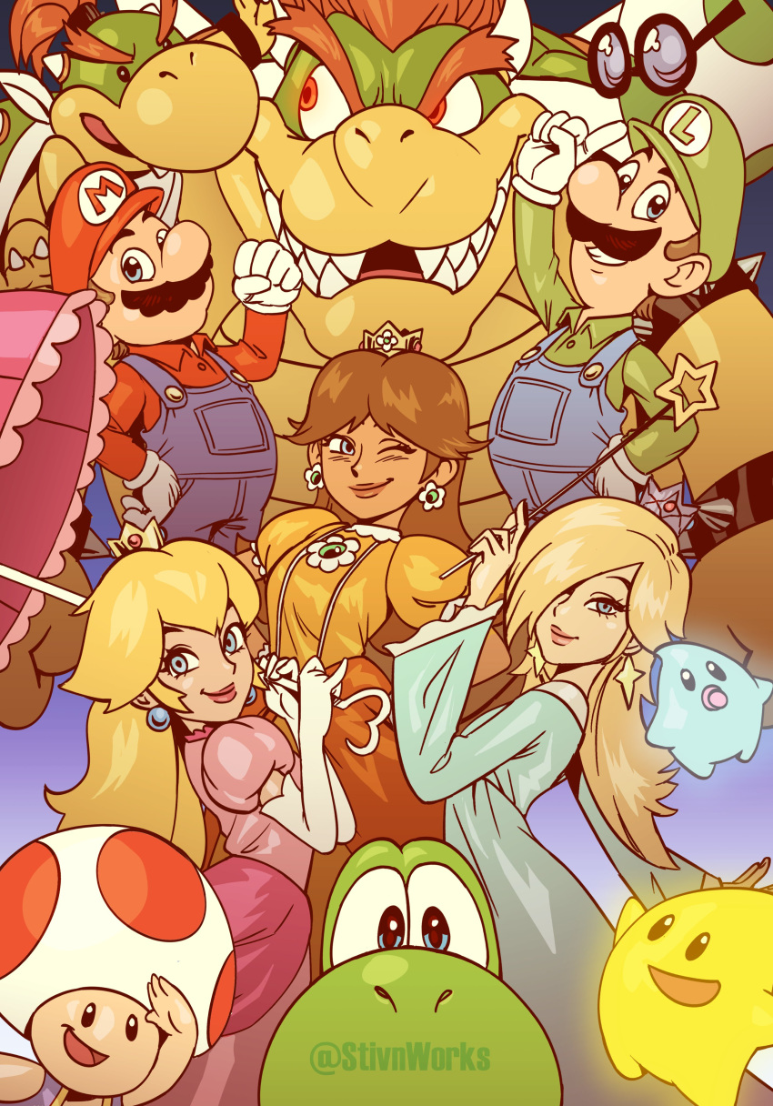 2others, 3girls, 6+boys, absurdres, blonde_hair, blue_dress, blush, bowser, bowser_jr., closed_mouth, crown, dark-skinned_female, dark_skin, dress, egg, english_commentary, fangs, furry, furry_male, green_hat, hat, highres, holding, holding_umbrella, holding_wand, kamek, looking_at_another, looking_at_viewer, looking_to_the_side, luigi, luma_(mario), mario, multiple_boys, multiple_girls, multiple_others, one_eye_closed, open_mouth, pink_dress, princess_daisy, princess_peach, red_hair, red_hat, red_toad_(mario), rosalina, round_eyewear, smile, stivnworks, super_mario_bros., suspenders, the_super_mario_galaxy_movie, umbrella, wand, yellow_dress, yoshi