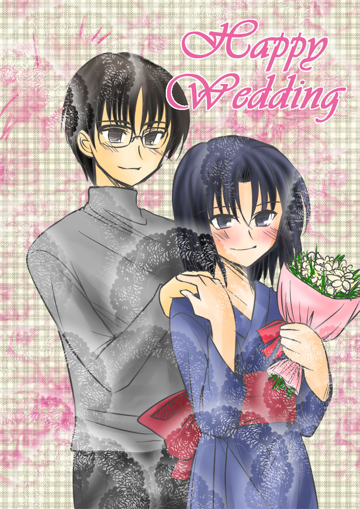 asuka_(aqua_space), black_hair, bouquet, couple, flower, grey_eyes, hand_holding, holding_hands