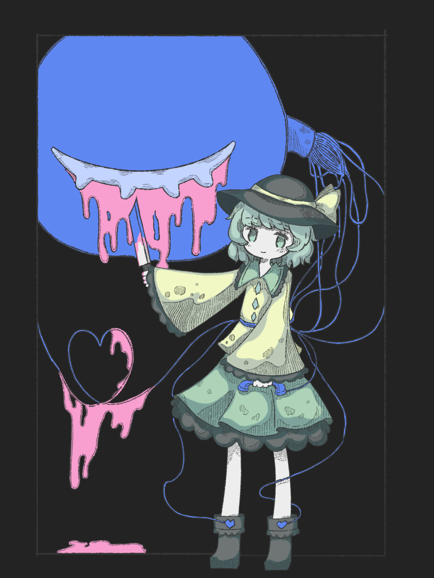 1girl, absurdres, argyle_clothes, black_background, black_boots, black_hat, blood, boots, cable, closed_eyes, collar, commentary_request, eye_injury, eyeball, frilled_boots, frills, green_eyes, green_hair, green_skirt, hat, hat_ribbon, heart, highres, holding, holding_knife, holding_phone, kanrei_touko, knife, komeiji_koishi, long_sleeves, looking_at_viewer, phone, pleated_skirt, ribbon, shirt, short_hair, skirt, sleeves_past_wrists, solo, stab, standing, third_eye, touhou, wide_sleeves