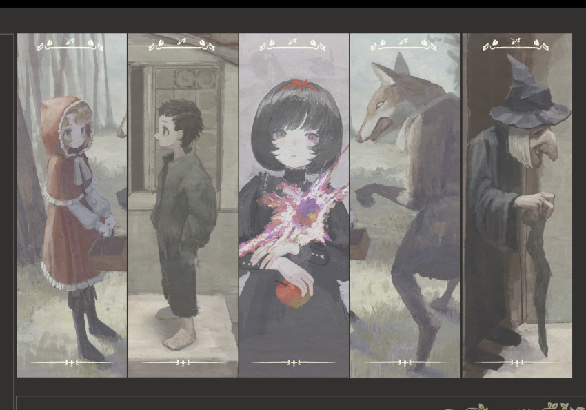 1boy, 1other, 3girls, animal, apple, basket, big_bad_wolf, black_boots