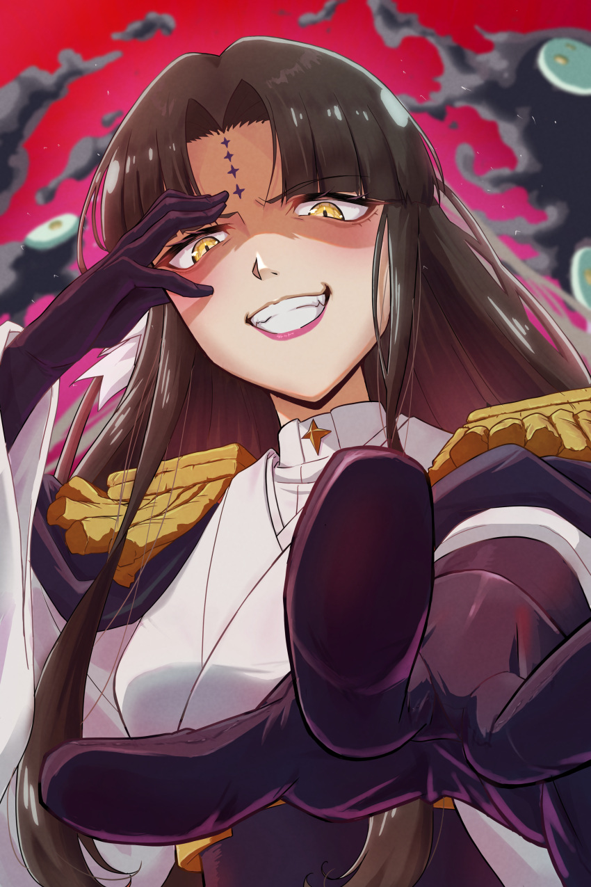 1girl, absurdres, armor, bat_brooch, black_gloves, brown_hair, cross, cross_facial_mark