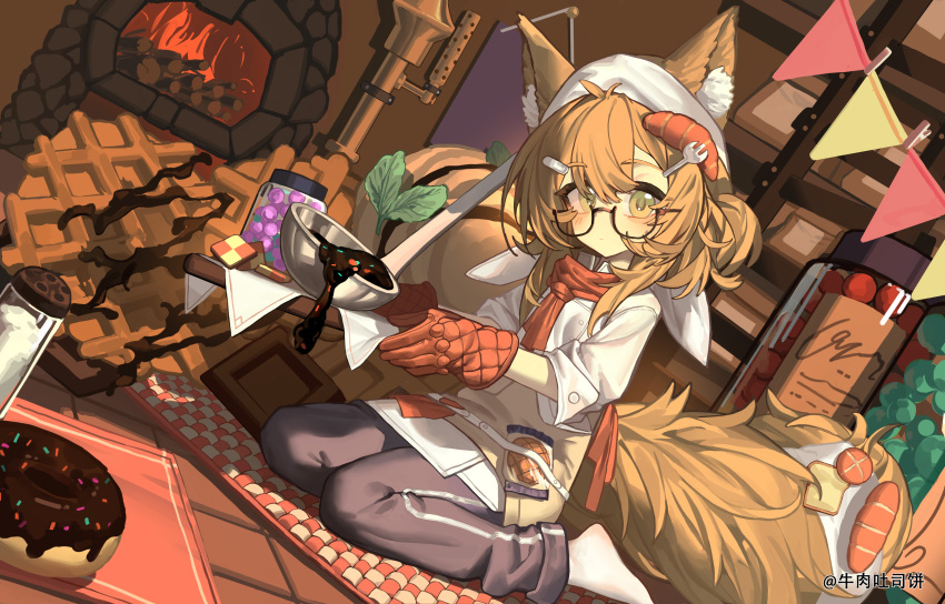 1girl, absurdres, animal_ear_fluff, animal_ears, apron, baking, black_pants, blonde_hair