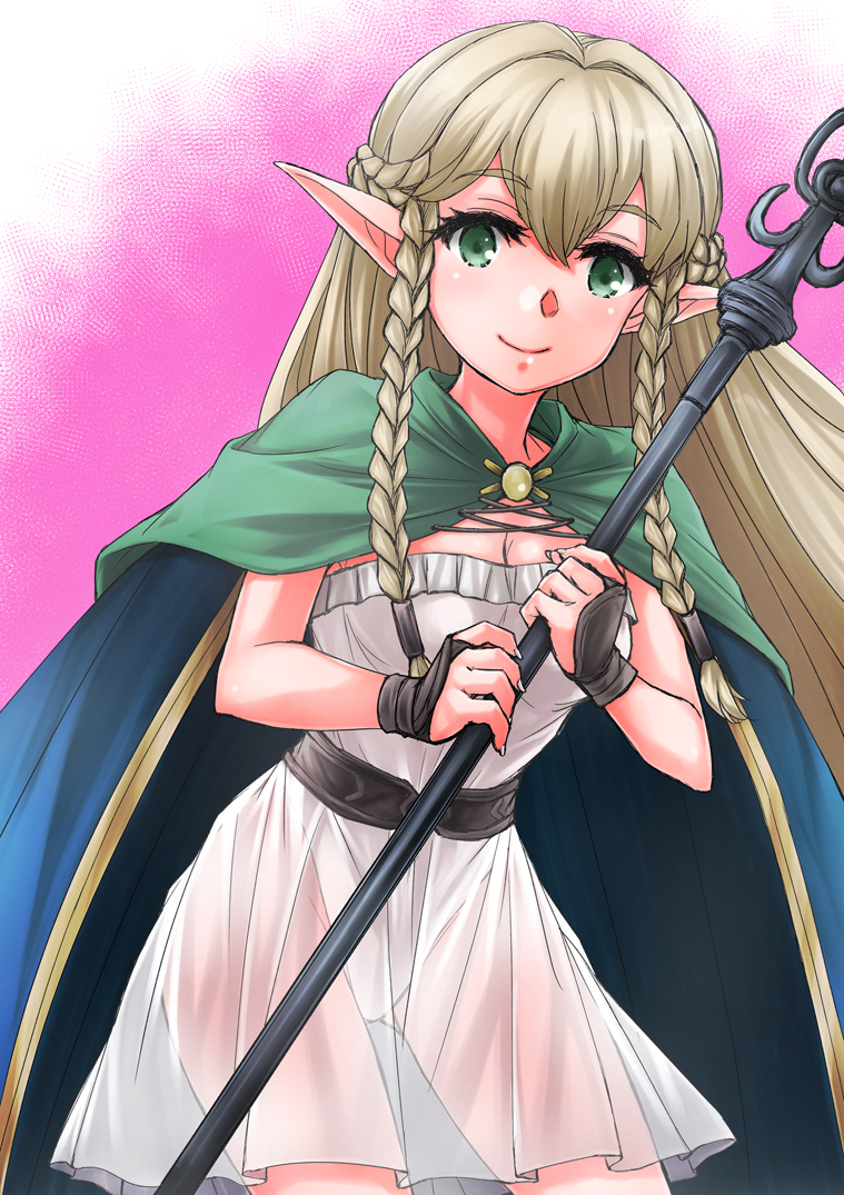 1girl, belt, black_belt, blonde_hair, blue_cape, braid, cape, capelet