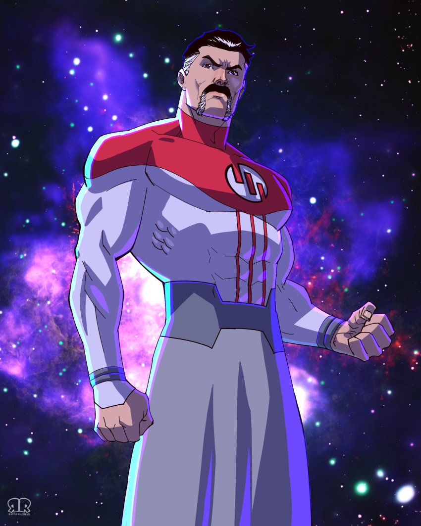 1boy, black_hair, clenched_hand, commentary, facial_hair, feet_out_of_frame, grey_hair, grey_skirt, highres, invincible_(series), invisible, male_focus, mature_male, multicolored_hair, muscular, muscular_male, nebula, nolan_grayson, raynerahman, serious, skirt, solo, space, two-tone_hair, watermark