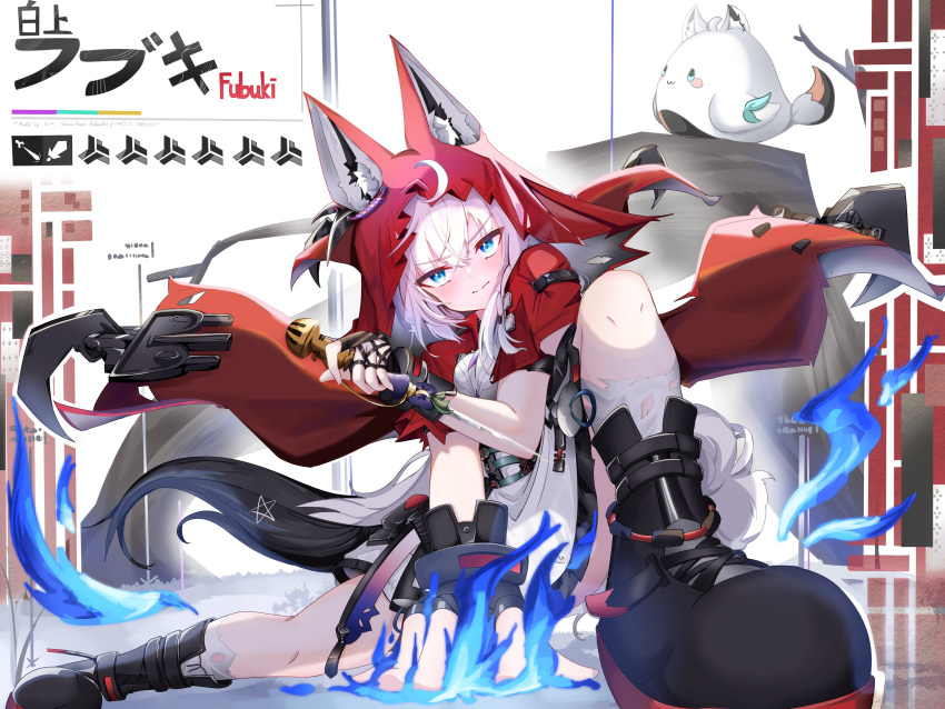 1girl, absurdres, ahoge, animal_ear_fluff, animal_ears, arknights, arknights:_endfield, black_gloves, black_shoes, braid, cape, commentary_request, cosplay, dagger, earrings, fingerless_gloves, fox_ears, fox_girl, fox_tail, fubuchun, gloves, green_eyes, hair_between_eyes, highres, holding, holding_dagger, holding_knife, holding_weapon, hololive, jewelry, knife, long_hair, looking_at_viewer, pentagram, red_cape, rossi_(arknights), rossi_(arknights)_(cosplay), shirakami_fubuki, shoes, sidelocks, single_braid, siw_(siw_0208), solo, tail, virtual_youtuber, weapon, white_hair