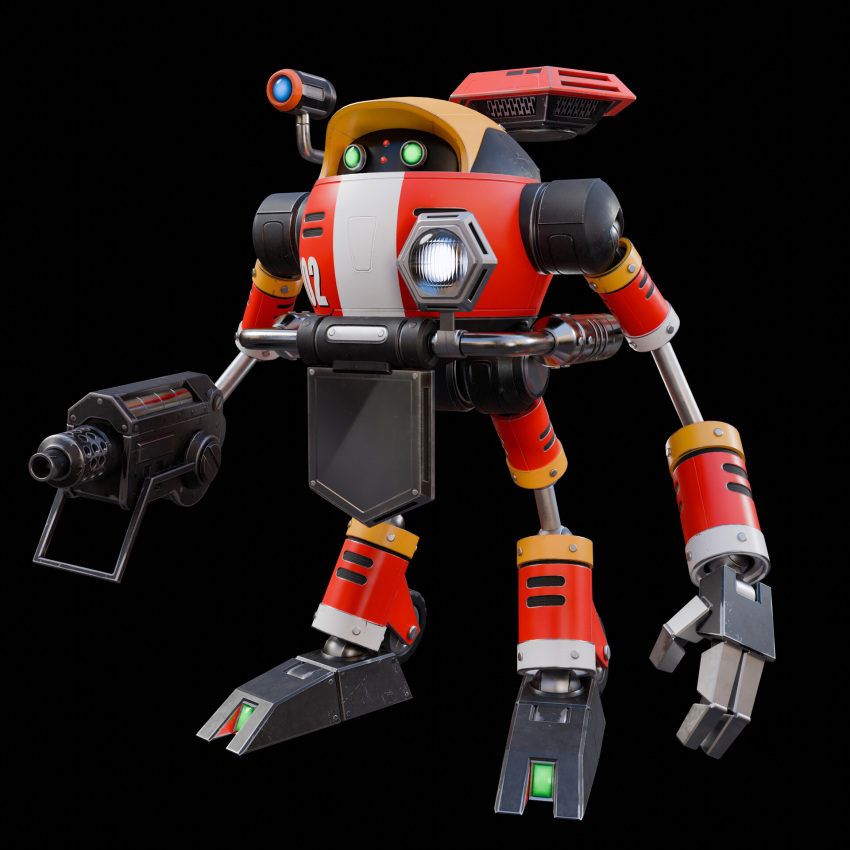 3d, arm_cannon, black_background, commentary, e-102_gamma, english_commentary, firing, gatling_gun, green_eyes, gun, highres, holding, holding_gun, holding_weapon, humanoid_robot, looking_ahead, looking_at_viewer, mecha, missbiancaart, no_humans, non-humanoid_robot, open_hand, protected_link, reflection, robot, science_fiction, shoulder_cannon, simple_background, solo, sonic_(series), sonic_adventure, standing, walker_(robot), weapon