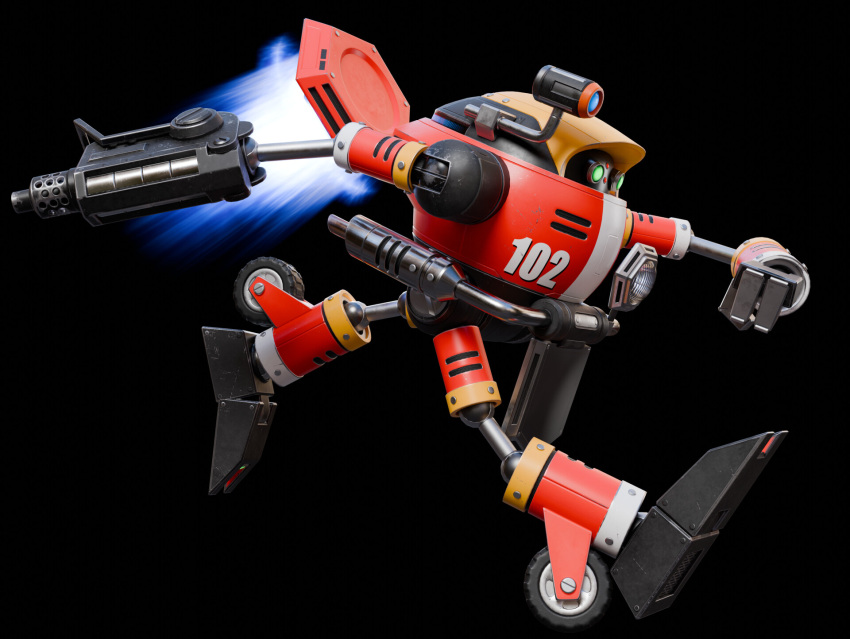 3d, arm_cannon, black_background, clenched_hand, clenched_hands, commentary, e-102_gamma, english_commentary, firing, gatling_gun, green_eyes, gun, highres, holding, holding_gun, holding_weapon, humanoid_robot, looking_ahead, looking_at_viewer, mecha, missbiancaart, no_humans, non-humanoid_robot, open_hand, protected_link, reflection, robot, running, science_fiction, shoulder_cannon, simple_background, solo, sonic_(series), sonic_adventure, standing, thrusters, walker_(robot), weapon, wheel