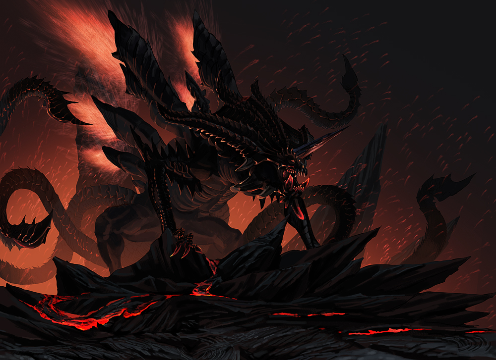 horn, juubi_(naruto), molten_rock, monster, multiple_tails, naknak, no_humans, tail