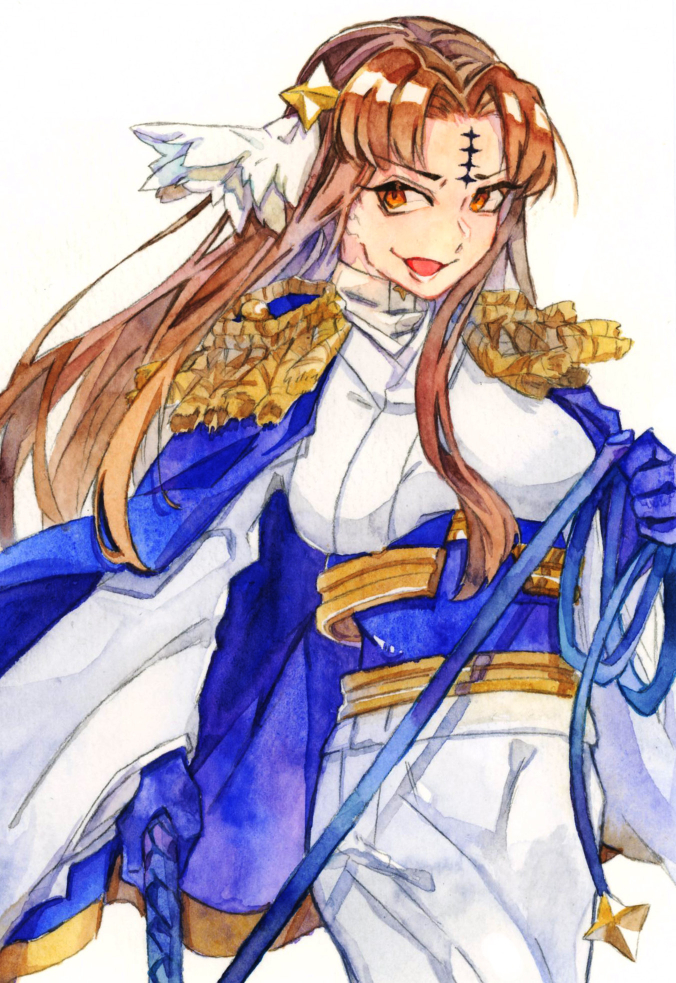 1girl, armor, bat_brooch, black_gloves, breasts, brown_hair, cape, commentary_request
