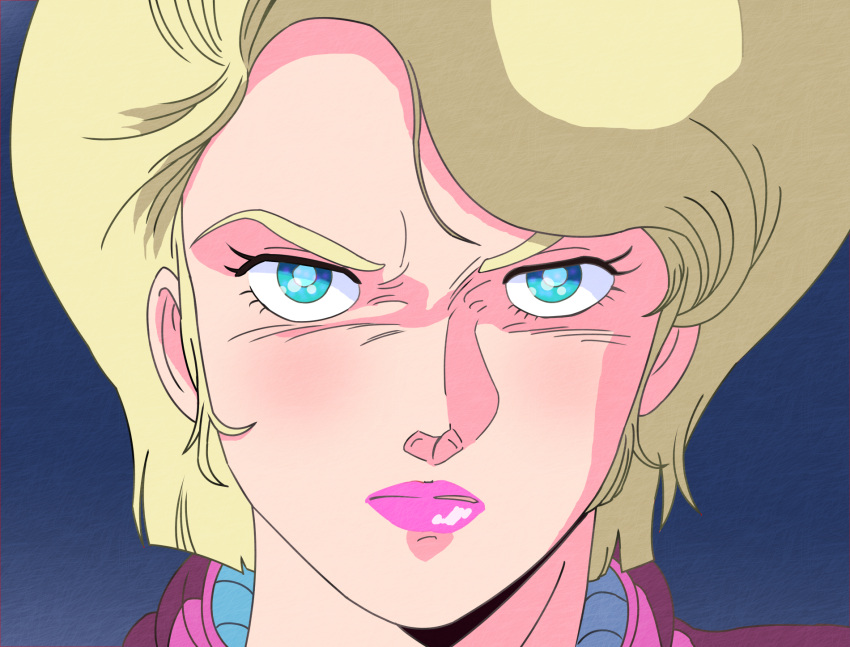 1980s_(style), angry, blonde_hair, blue_eyes, commentary_request, faux_traditional_media, gradient_background, gundam, highres, kitazume_hiroyuki_(style), lila_milla_rira, looking_at_viewer, mecha_pilot_suit, pink_lips, portait, retro_artstyle, serious, titans_(gundam), user_kpft2825, zeta_gundam