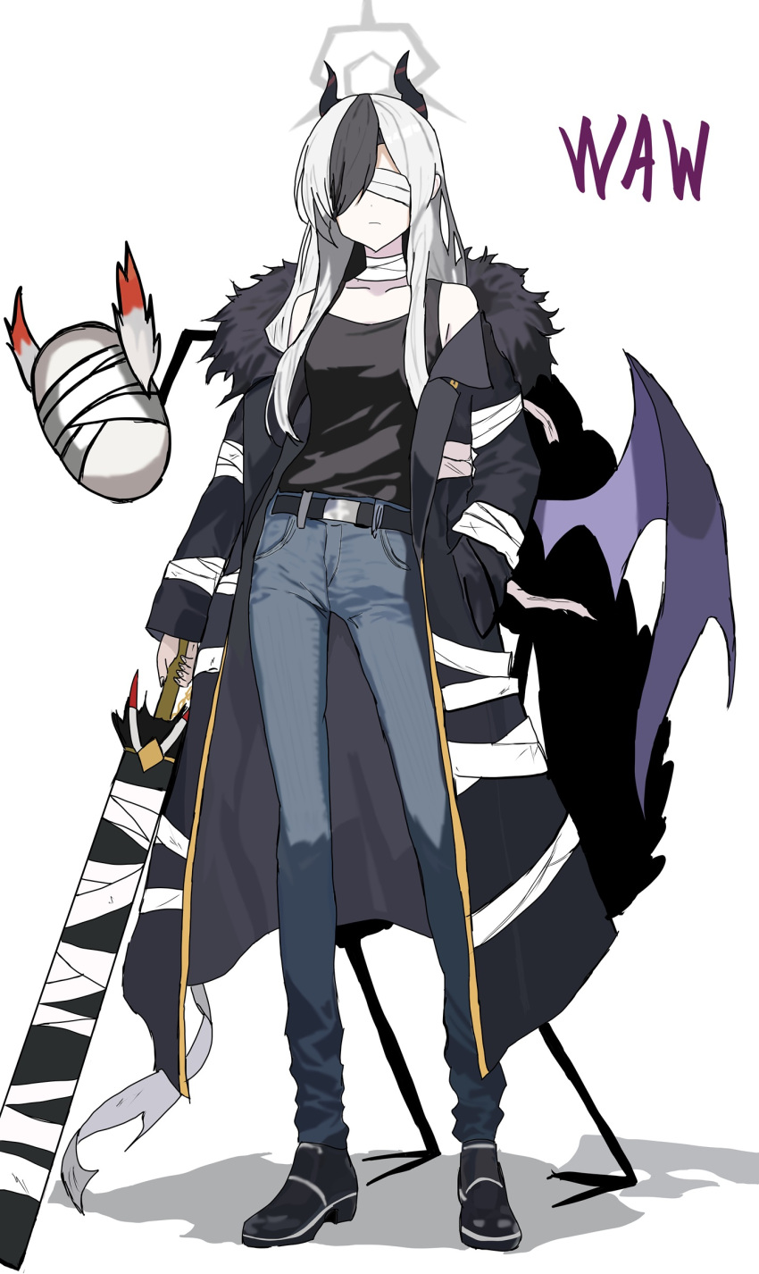 1girl, 218_(niiya), absurdres, bandaged_arm, bandaged_neck, bandages, bandages_over_eyes, belt, black_belt, black_coat, black_shirt, black_shoes, blindfold, blue_archive, blue_pants, coat, commentary_request, denim, e.g.o_(project_moon), full_body, grey_halo, halo, highres, holding, holding_sword, holding_weapon, horns, jeans, judgement_bird, justitia_(e.g.o), kayoko_(blue_archive), lobotomy_corporation, long_hair, long_sleeves, multicolored_hair, pants, project_moon, shirt, shoes, single_wing, sleeveless, sleeveless_shirt, solo, streaked_hair, sword, weapon, white_background, white_hair, wings