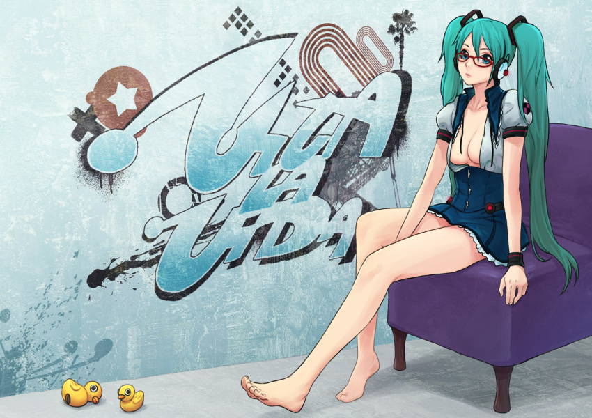 aqua_hair, barefoot, bespectacled, breasts, cleavage, feet, glasses, hatsune_miku