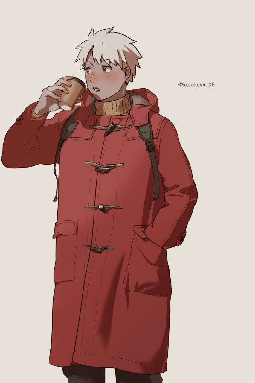 1boy, archer_(fate), backpack, bag, blush, coat, commentary, cowboy_shot