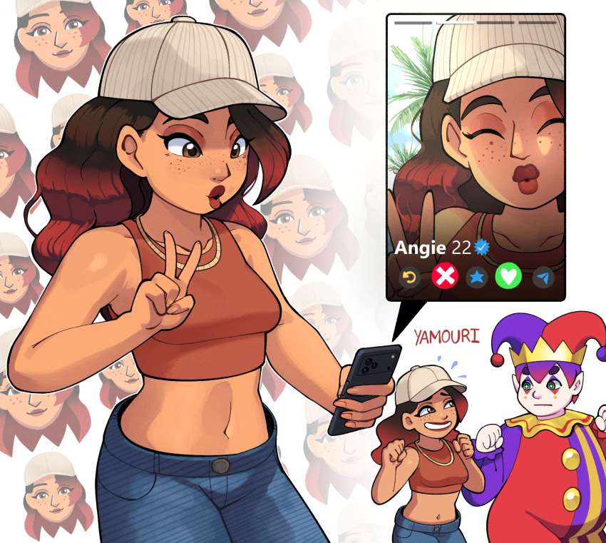 1boy, 1girl, angie_(tomodachi_life:_living_the_dream), baseball_cap, blue_pants, breasts, brown_eyes, brown_hair, cellphone, chain, closed_eyes, clown, commentary, crop_top, cropped_shirt, dark-skinned_female, dark_skin, denim, english_text, freckles, gold_chain, gradient_hair, green_eyes, hat, highres, holding, holding_phone, hugh_morris_(tomodachi_life:_living_the_dream), jeans, jester, jester_cap, jewelry, long_hair, looking_at_phone, makeup, medium_breasts, midriff, multicolored_hair, multiple_girls, navel, necklace, pants, phone, pointy_ears, purple_hair, red_hair, red_lips, selfie, smartphone, smile, taking_picture, tank_top, thick_lips, tomodachi_life, tomodachi_life:_living_the_dream, v, yamouri