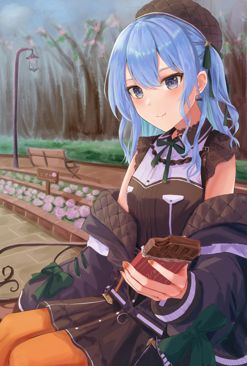 1girl, absurdres, bench, beret, black_choker, black_hat, black_jacket, black_shirt, black_skirt, blue_eyes, blue_hair, blush, breasts, chocolate, choker, closed_mouth, commentary_request, double-parted_bangs, food, hair_between_eyes, hat, highres, holding, holding_chocolate, holding_food, hololive, hoshimachi_suisei, hoshimachi_suisei_(casual), incoming_food, jacket, jacket_partially_removed, kama_boko17, long_hair, looking_at_viewer, official_alternate_costume, official_alternate_hairstyle, on_bench, orange_pantyhose, outdoors, pantyhose, park, park_bench, shirt, sitting, skirt, small_breasts, smile, solo, star_(symbol), star_in_eye, symbol_in_eye, virtual_youtuber