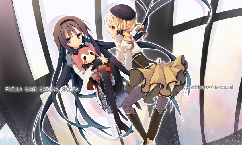 akemi_homura, argyle, argyle_legwear, bad_id, beret, black_hair, black_legwear, blonde_hair
