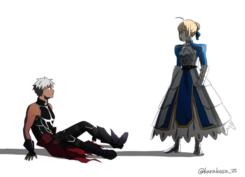 1boy, 1girl, ahoge, archer_(fate), are_you_my_master, armor, armored_dress, artoria_pendragon_(fate), black_boots, black_gloves, blonde_hair, blue_dress, boots, braid, bun_with_braided_base, commentary_request, dark-skinned_male, dark_skin, dress, fate/stay_night, fate_(series), fingerless_gloves, gauntlets, gloves, greaves, grey_hair, hair_bun, karakasa_25, long_dress, saber_(fate), scene_reference, single_hair_bun, sitting