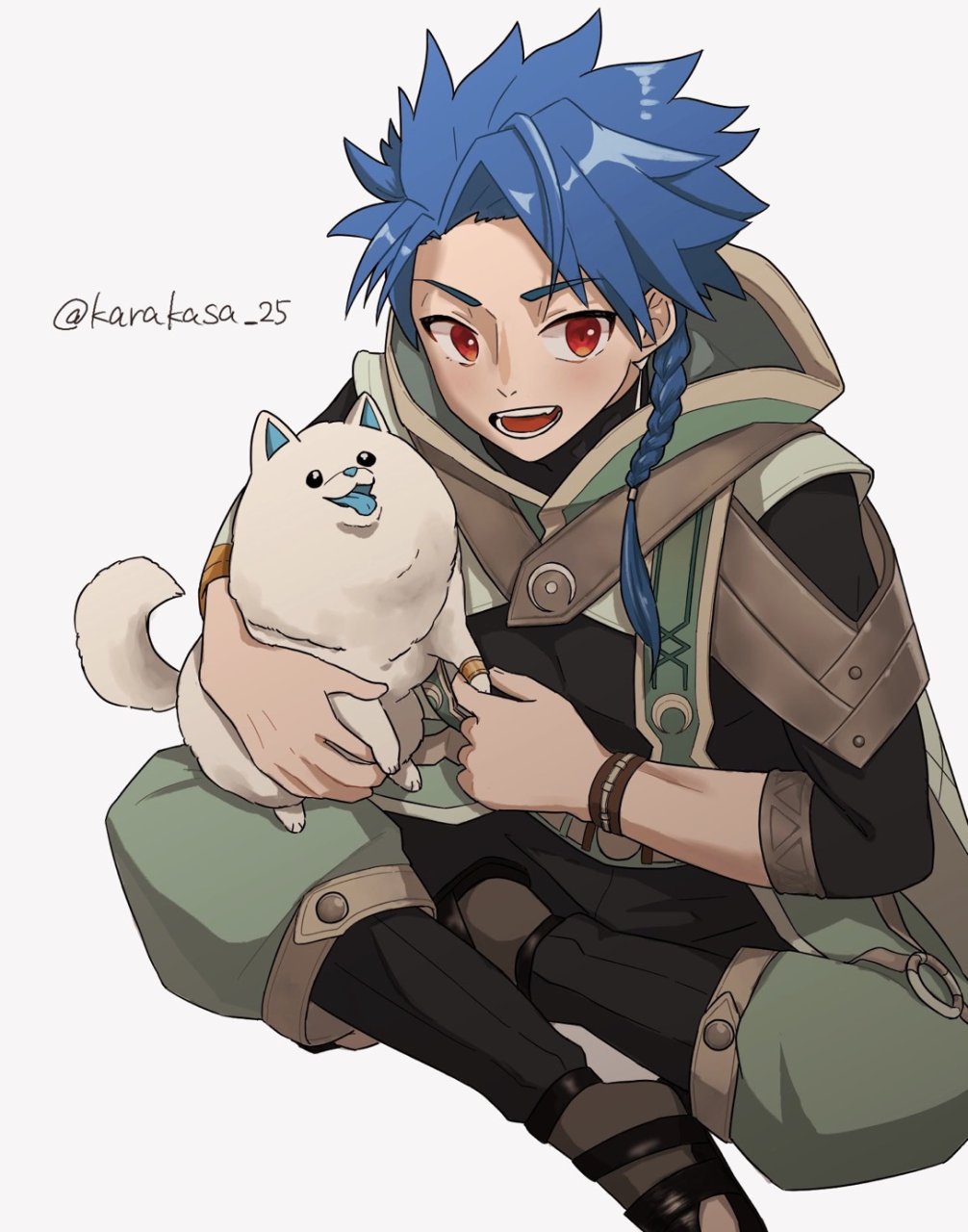 1boy, blue_hair, braid, commentary, cu_chulainn_(fate), dog, fate/grand_order, fate_(series), green_pants, highres, indian_style, karakasa_25, male_focus, open_mouth, pants, red_eyes, sandals, setanta's_puppy_(fate), setanta_(fate), single_braid, sitting, smile, solo, taittsuu_username, untranslatable_commentary, wristband