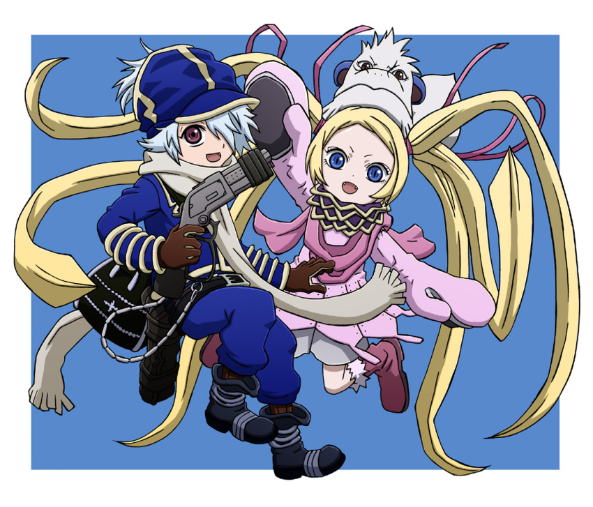 baggy_pants, big_mouth, blonde_hair, blue_hair, boots, boxers, facial_hair, fangs, gun, ku2, lag_seeing, long_hair, mustache, niche_(tegami_bachi), prehensile_hair, red_eyes, scarf, steak_(tegami_bachi), tegami_bachi, underwear, uniform, very_long_hair, weapon