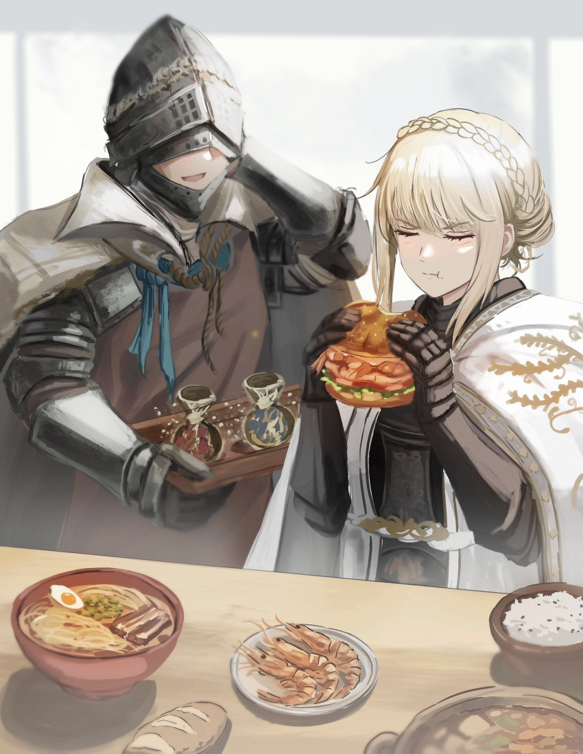 1boy, 1girl, blonde_hair, blurry, blurry_background, braid, bread, burger
