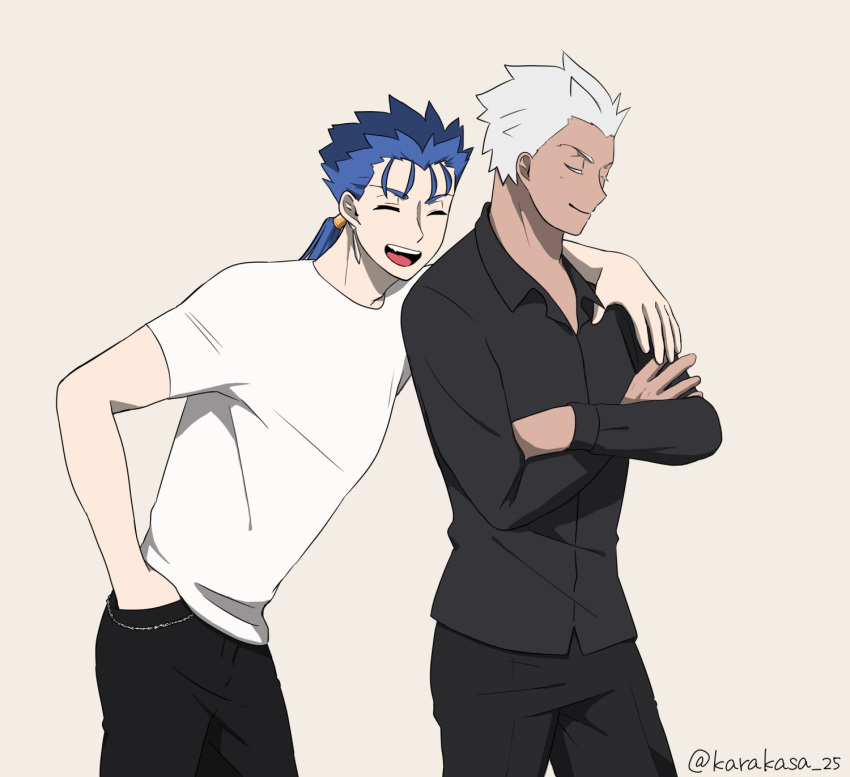2boys, archer_(casual_wear)_(fate), archer_(fate), arm_around_neck, blue_hair, closed_eyes, colored_eyelashes, commentary_request