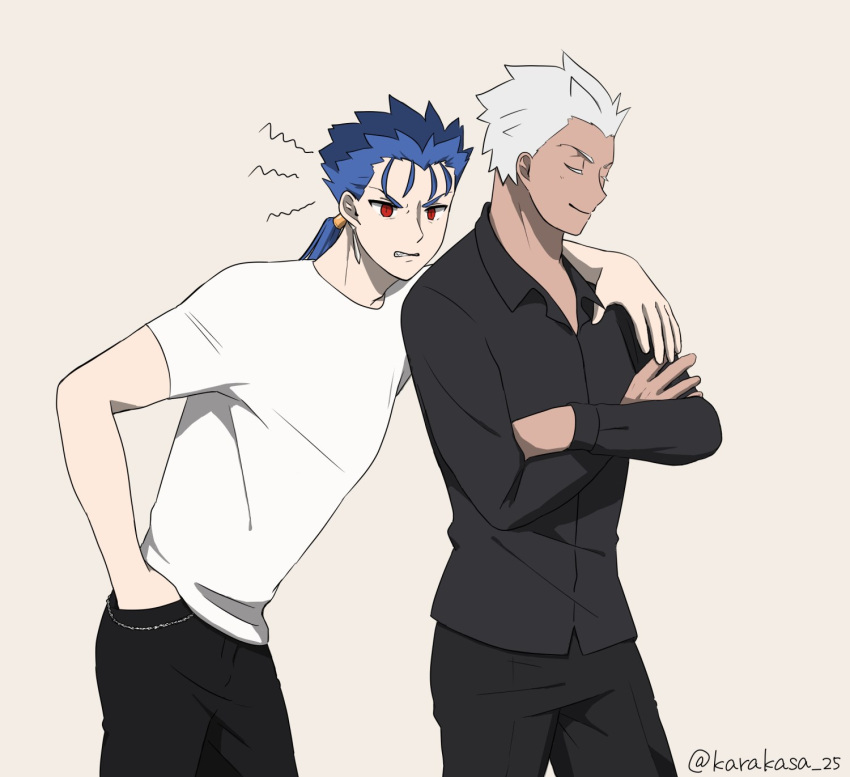 2boys, archer_(casual_wear)_(fate), archer_(fate), arm_around_neck, blue_hair, clenched_teeth, closed_eyes, colored_eyelashes